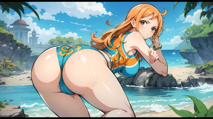 Gere uma imagem realista no estilo anime de Nami de One Piece 1 unica garota. (ass) ,, Athletic Curve, (mini-saia), fundo dark florest , paisagem floresta 