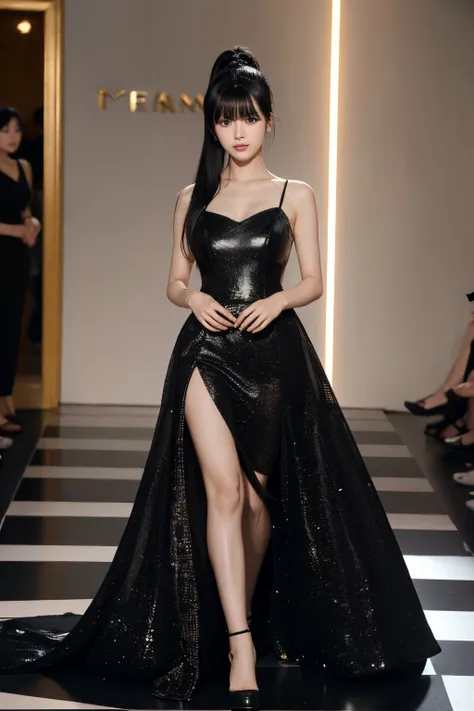 South Korean woman, very beautiful, perfect face, long black hair with bangs and ponytail, she is a model and is parading on a catwalk in a long chess dress, perfect full body. Shes being photographed