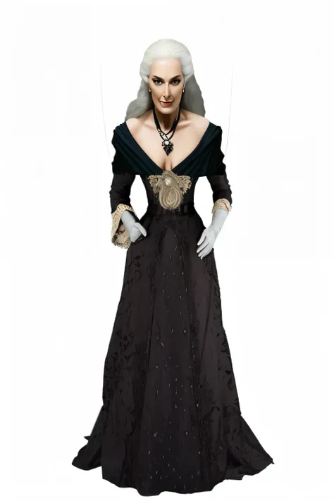 pintura realista senhora de cabelos brancos idosa, bruxa com colar de bruxa um close de uma mulher em um vestido com cabelo branco, granny weatherwax, vampiro vitoriano elegante, mother of wizards, full view of the black sorceress, bruxa feiticeira do mal,...