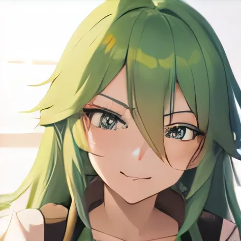 
Make the face of a female anime character with long green hair by winking one of her eyes