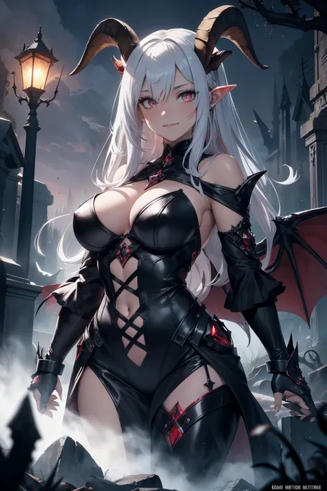 (16K), (best quality:1.2), (insanely detailed:1.2), ((anime style)), (illustration:1.2), (concept art:1.2), (texture:0.5),
(detailed beautiful woman:1.1), (goat satan horns:1.4), (bat wings on her back), (red or silver hair:1.3), (deep pink eyes), bangs, h...