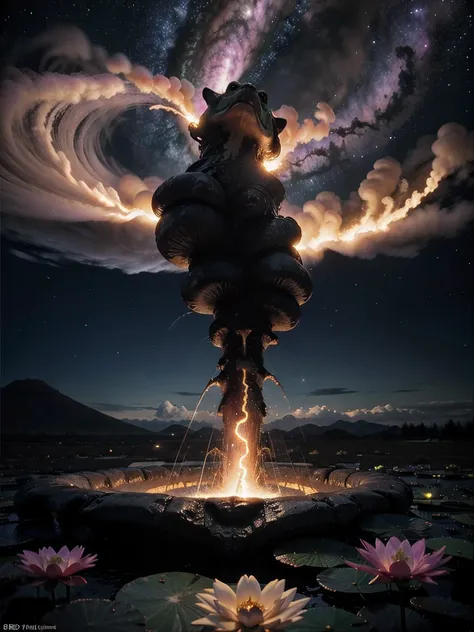 realistic. 8k. 3d. masterpiece. trippy. lucid. dmt. lsd. extreme lighting. volcano violently erupting lava and smoke. surrounded by beautiful pond full of lily pads and purple lotus flowers. frog on lily pad. background is space with bolts of purple lightn...