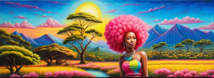 beautiful landscape, African woman with a pink Afro, oil pastel painting