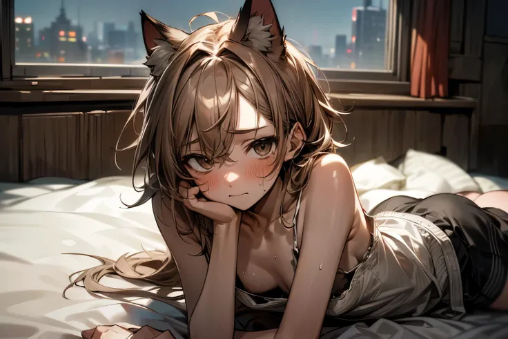 ((Masterpiece)), ((best quality)), 8K, face-up portrait, (very messy hair), torn and cheep bed, (legs on the bed), (sweaty body), exposed small breast, tattered and torn dirty white-camisole, Slender small breasts, (blush and sad smile), Textured skin, cat...