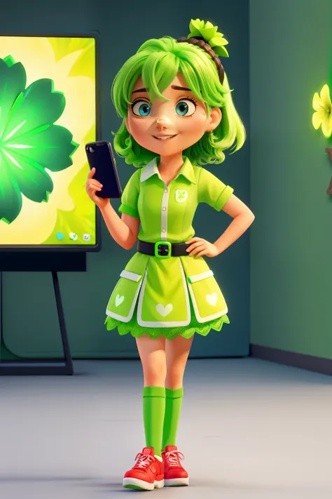 A lively and cheerful female mascot, dressed in green attire, is depicted holding a sleek, full HD cell phone inversion (v4, s2) with a vibrant shamrock image illuminated on its screen.