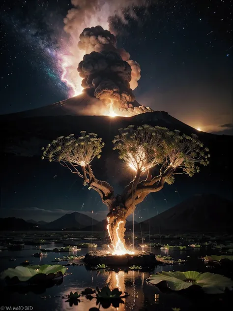 realistic. 8k. 3d. masterpiece. trippy. lucid. dmt. lsd. extreme lighting. volcano violently erupting lava and smoke. surrounded by beautiful pond full of lily pads and purple lotus flowers. frog on lily pad. background is space. violent bolts of purple li...