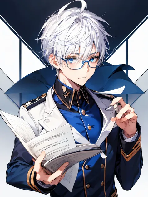 young male teenager, blue eyes, white hair, uniform, academy, studying, glasses, cool