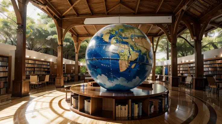 Desenvolva uma imagem de um ambiente de estudo perfeito: Uma biblioteca iluminada suavemente, com prateleiras repletas de livros. Ao fundo, the walls are decorated with detailed geographic maps, proporcionando uma atmosfera global para os estudantes. No ce...