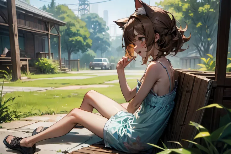 ((Masterpiece)), ((best quality)), 8K, from side, profile of face, cinematic lighting, very messy hair, teenage girl, (Sit with legs stretched out on the lawn), (botanical garden), (exposed small breast), (badly tattered and torn camisole), dirty white-cam...