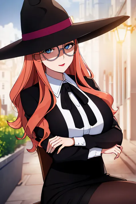 (day), a city with a lot of buildings and a clock tower in the middle of its center,
sitting on a chair,crossed arms, crossed legs, 
black Jacket,black headwear,witch hat,pantyhose,long sleeves,White_collared shirt, black ribbon,Black_Pencil_skirt,
glasses...