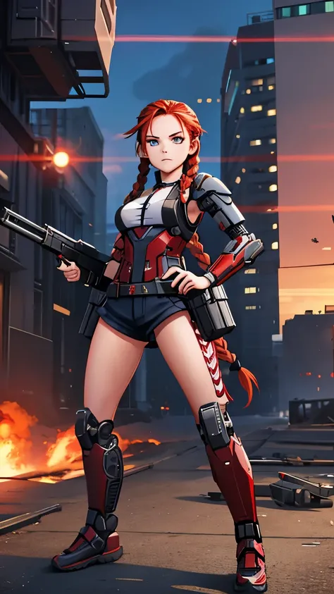 teenage woman, long legs, red hair, braided hair, crouched pose, lazy face, carries a rifle on her back, cybernetic body parts, full body focus, destroyed city night background.