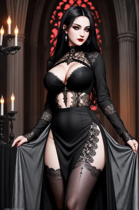 15 years old hot sexy gothic girl from the front side, sticking out her butt, looks into the distance, beautiful face, green eyes, ((medium length {black | dark red} hair)), (big breasts, slim waist, big thighs, wide hips, big buttocks, long legs, plump re...