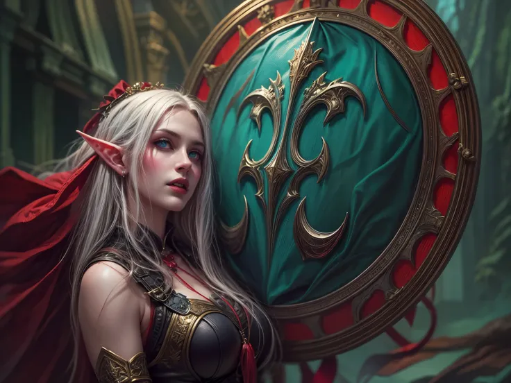 fantasy art, dnd art, RPG art, wide shot a picture of a shield (masterpiece, best quality, best details: 1.5) hanging on the wall, the shield is decorated with artful image of  beautiful female vampire elf, blood dripping, vampiric fangs, with a long curvy...