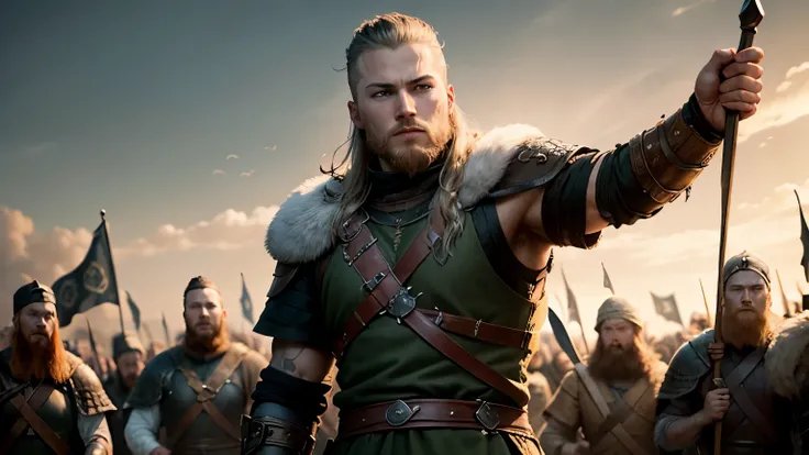 young viking warrior ragnar lothbrok leading an army