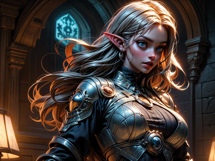 fantasy art, dnd art, RPG art, wide shot a picture of a shield (masterpiece, best quality, best details: 1.5) hanging on the wall, the shield is decorated with artful image of  beautiful female vampire elf, blood dripping, vampiric fangs, with a long curvy...