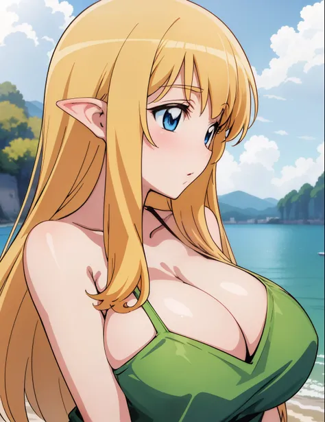 (masterpiece, best quality, high resolution, anime colored, anime screencap, 8k, detailed, photorealistic), tifania, The Familiar of Zero, blue eyes, blush, elf, long hair, large breasts, pointy ears, blonde hair, sideboob, green clothes, (Front view, uppe...