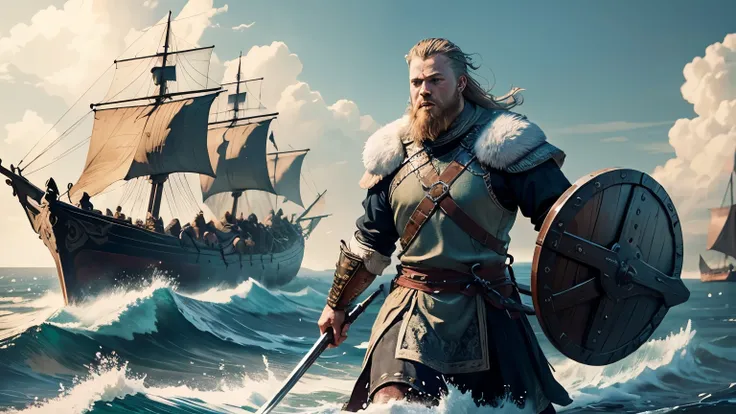 great viking warrior ragnar lothbrok leading raids on the coast of england noble great ships