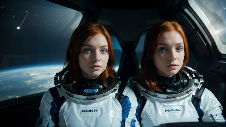 photo of a ginger woman, in space, futuristic space suit, (freckles:0.8) cute face, sci-fi, dystopian, detailed eyes, blue eyes