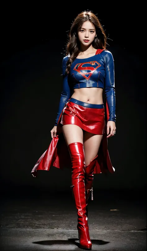 no background、short hair、supergirl costume、Snug costume、(((stretch your legs、tall、Legally express the beauty of your smile)))、((((Get the most out of your original images)))、(((supergirl costume、torn、Tattered、being destroyed)))、(((beautiful hair)))、(((I...