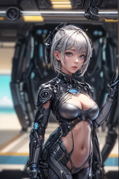 delicate face, 20-year-old kpop idol cyborg girl, dark(carbon fiber high leg cut leotard), Chest opening, {{angled bob}}, (big breasts:1.25), (mechanical joint), bangs, attractive curves, mid pelvis, seaside, standing posture, beach, glowing skin, ((puffya...