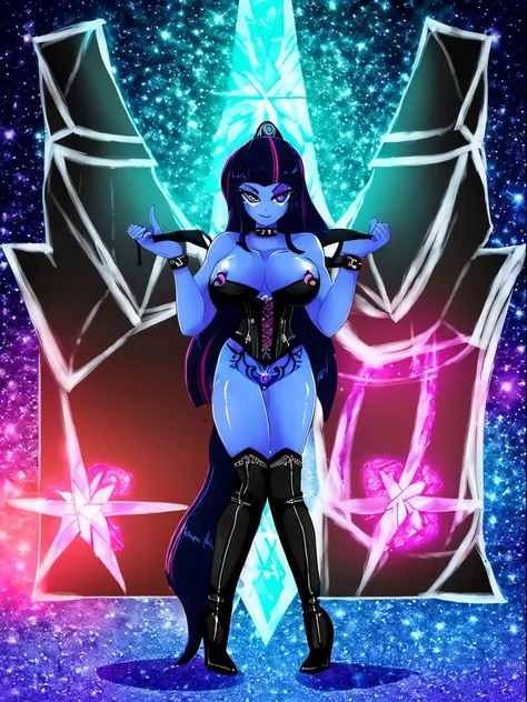 (masterpiece), best quality, expressive eyes, perfect face, sexy goth woman, (midnight blue skin), sexy, huge natural , huge ass, full body, jewelry, ((high heel boots)), (cupless black corset), beautiful, dominant, loving, long (black hair), mlp, mlp oc, ...