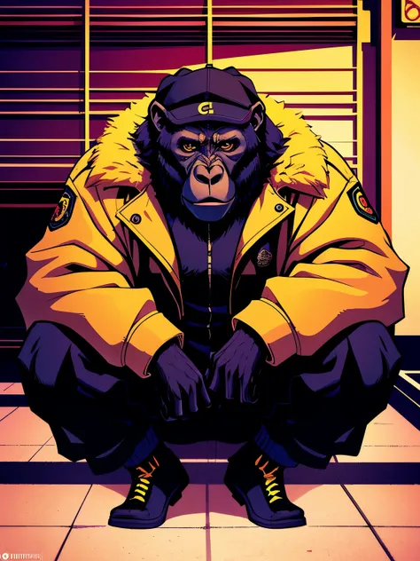 (a gorilla wearing a hat and a jacket in a photoshoot) (best quality, highres, realistic), fashion style, detailed fur, expressi...