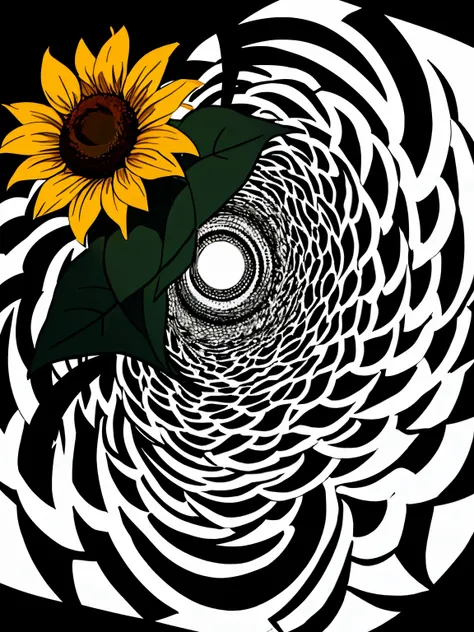 A sunflower plant with black and white circular optical illusions in the background 