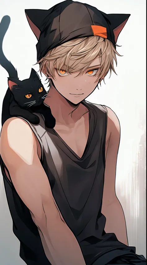 beautiful young man, blonde, short hair, orange eyes, black tank top, cool eyes, long term , biceps, carrying a black cat on you...