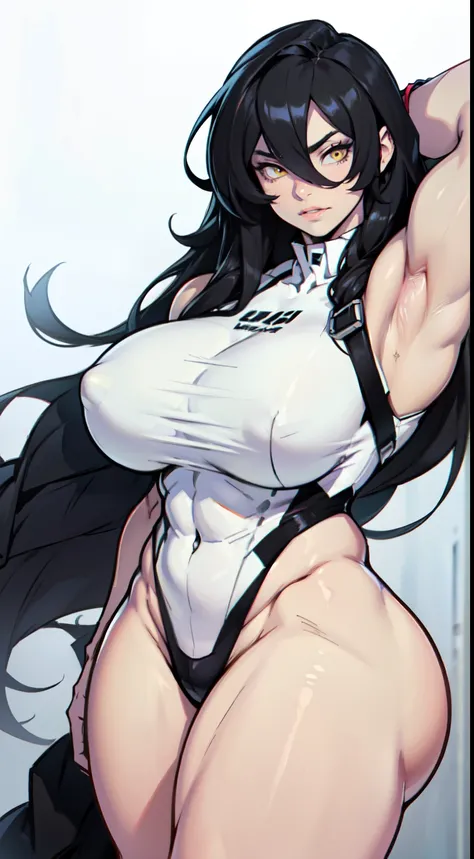 black hair yellow eyes pale skin long hair hair between eyes voluminous hair muscular girl thick thick thick breasts