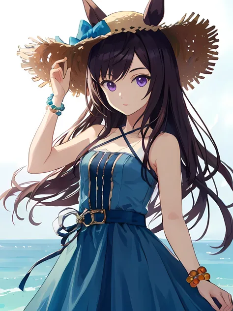 (mejiro dober(umamusume)), Official alternate costume, straw hat, ears through hat, cross halter, Sleeveless blue dress, beaded bracelet, vertical strip dress, white ribbon, ruffle dress, 