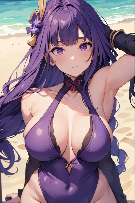  /(Raiden Shogun),  bikini, leotard, middle aged woman, neutral face, face without emotion, purple eye, bangs, long purple hair, medium breasts, beach