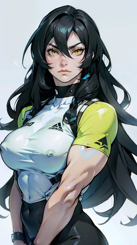 sad pale muscular girl large breasts hair between eyes long hair black hair yellow eyes