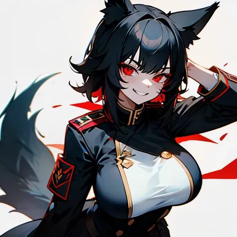 1girl, black hair, wolf ears, uniform, red eyes, large breast, evil smile