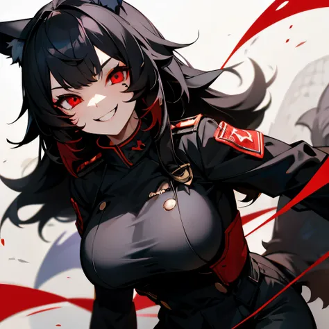 1girl, black hair, wolf ears, uniform, red eyes, large breast, evil smile