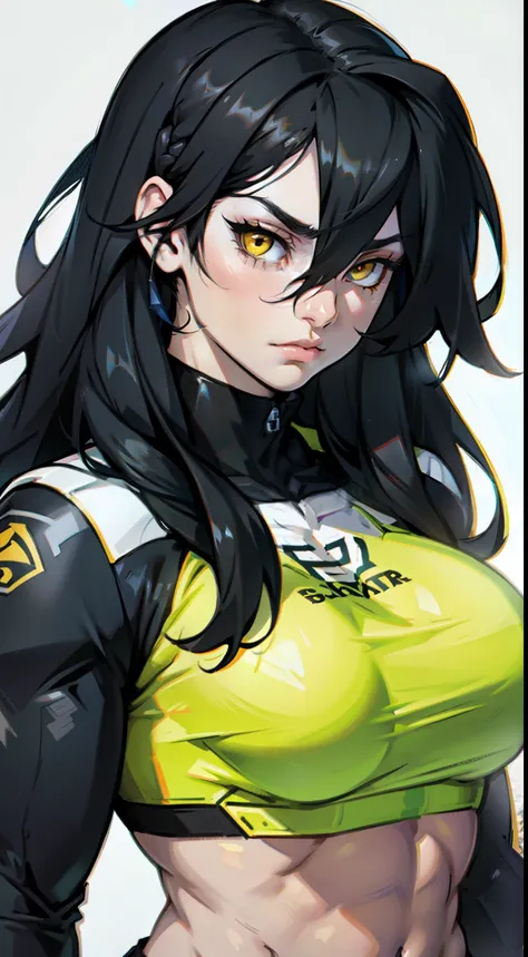 sad pale muscular girl large breasts hair between eyes long hair black hair yellow eyes