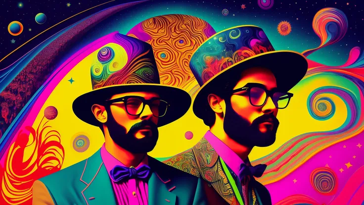 A close up of a person donning a hat and glasses, immersed in a psychedelic fever dream, in a retro psychedelic illustration style, reminiscent of an intense LSD trip. The scene is filled with surreal psychedelic designs, as if conjured from the depths of ...