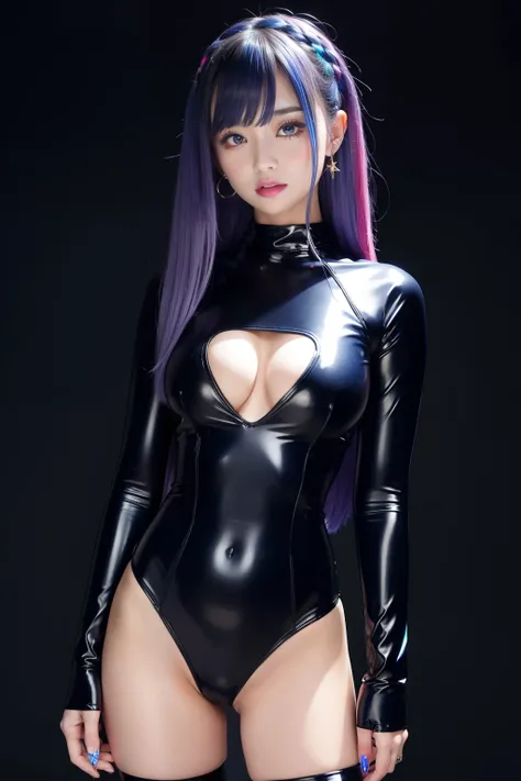 female idol、full body Esbian、sheer latex tight mini dress（neon indigo）、multicolor hair、