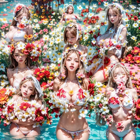 Full of flowers, White and Red with vivid colors, (Acutance:0.85), ((NSFW:-0.95)), (Exposed:1.1), (((nipple:-0.9))) . ((6 girls laying in a pool filled with flower:1.25)), { (Full of flowers covering and surrounding girls body:1.2) | (Bikini made only from...