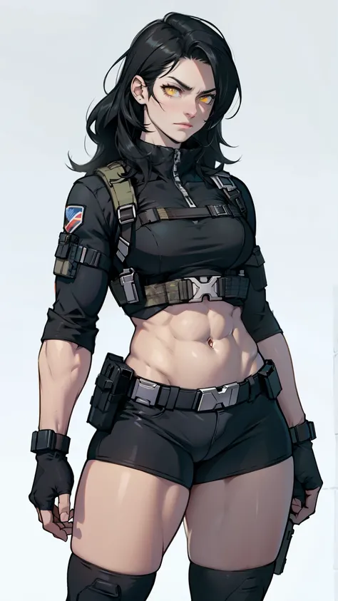 muscular girl thick muscular girl thick black hair yellow eyes pale sad pale tactical pale skin holster