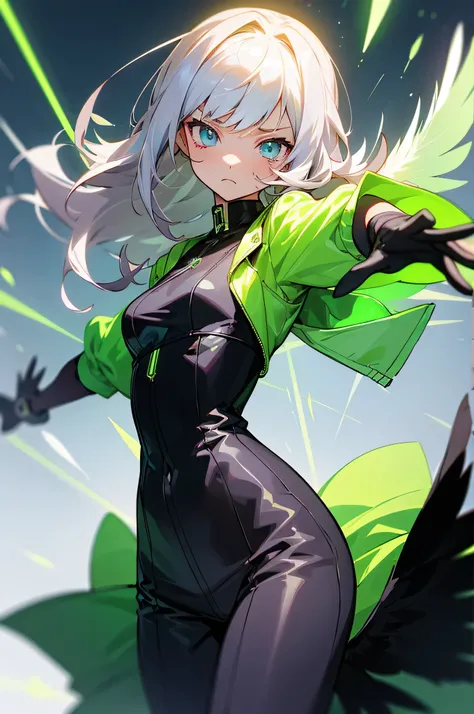 anime illustration、girl、Neon feeling、neon laser、hair color is light green、Too much exposed waist、Older sister-like short jacket、Make sure the whole body is visible、wings on the back、Feathers dance、upper grade、A little troubled face、long hairstyles、Bangs Pa...