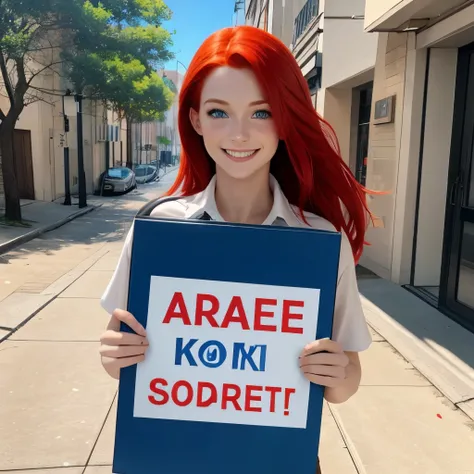 Beautiful girl, red haired, blue eyes, looks so happy, carrying board written on it  "1k followers" 