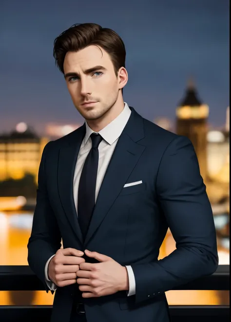 raw photo, Chris Evans, (collar shirt), (black suit ), tie, looking over London at night, cinematic blue lighting, 8K, RAW, HD, stunning masterpiece, closeup, portrait, masculine features, male complexion, detailed face, detailed eyes