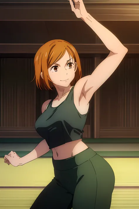 (masterpiece), (best quality), (ultra-detailed), (best illustration), (best shadow), (absurdres), nobarakugisakinova, short hair, orange hair, ((brown eyes)), kugisaki nobara, 1girl, solo, bangs, charming smile, ((tight green tank top)), yoga pants, perfec...