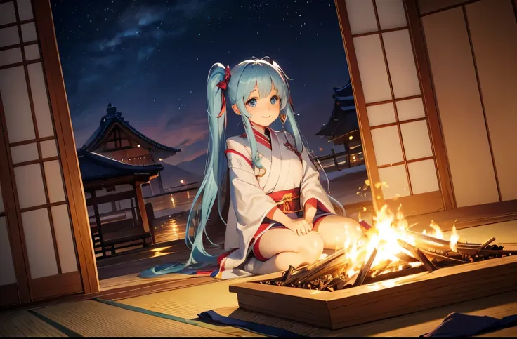 light blue long hair　beautiful girl with twin tails　adorable smile　cute costumes　a bonfire is lit in a very large enclosure on t...