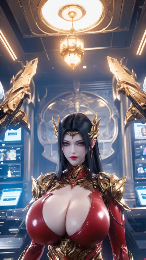 (NSFW:1.7), AI GIRL GRNERATOR ((BEAUTY BLACK HAIR)), (PHOENIX GOLD HELM:1.1), (GIGANTIC FAKE BREAST:1.5), ((CLEAVAGE:1.5)), (MUSCLE ABS:1.3), (RED SHINY FUTURISTIC MECHA CYBER CROP TOP, BLACK MECHA SKINTIGHT LEGGINGS,POTRAIT:1.5), (VOLUPTUOUS BODY MATURE W...