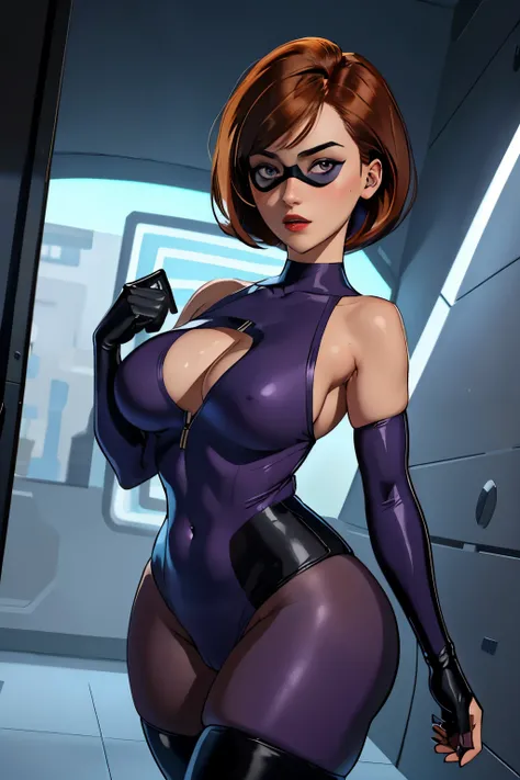 an accurate and detailed full-body shot of Haley, Medium-length auburn hair in wavy bob with bangs, Piercing dark violet eyes, ((light-Purple skintight bodysuit)), Blue utility belt with gadgets, Black gloves and boots, black eye mask, Athletic and slender...