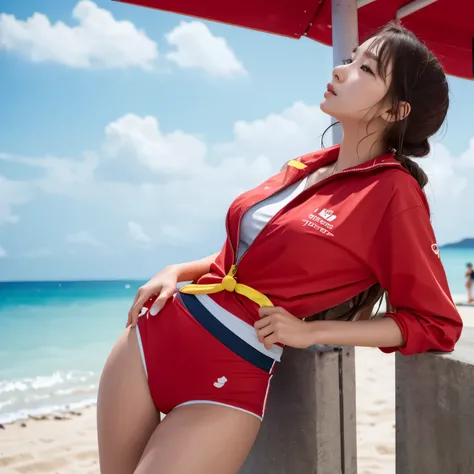 (best quality:1.4), (masterpiece:1.4), (highres:1.2), (extremely detailed:1.2), human body ratio,
1girl, korean girl, wearing lifeguard uniform,  standing, watching people, lifeguard post, holding life jackets, beach setting, busy beach work day