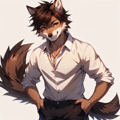 Solo, By fumiko, by hyattlen, by hioshiru, Jaiden, brown male wolf, brown wolf ears, brown wolf tail, hands on his hips, necklace, wearing white button up tshirt, upper body shot, black pants, smiling, white background, no background standing, neutral posi...