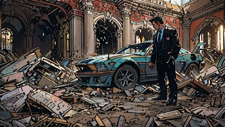 A completely collapsed mansion with debris on the ground while the silhouette of 2 men in suits and a mustang car stand in front of the wreckage, isso em uma noite macabra e sombria.