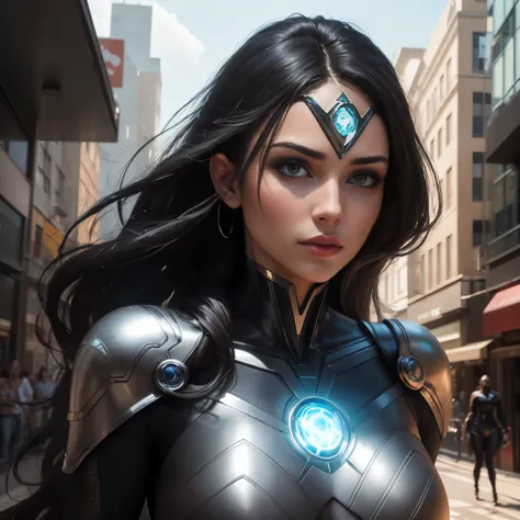 eye view of a metahuman woman coming to the street, in the style of attention to the texture of the shine, ao superherocore, side view, aos detalhes ornamentais e aos enfeites, detailed facial features, colorido